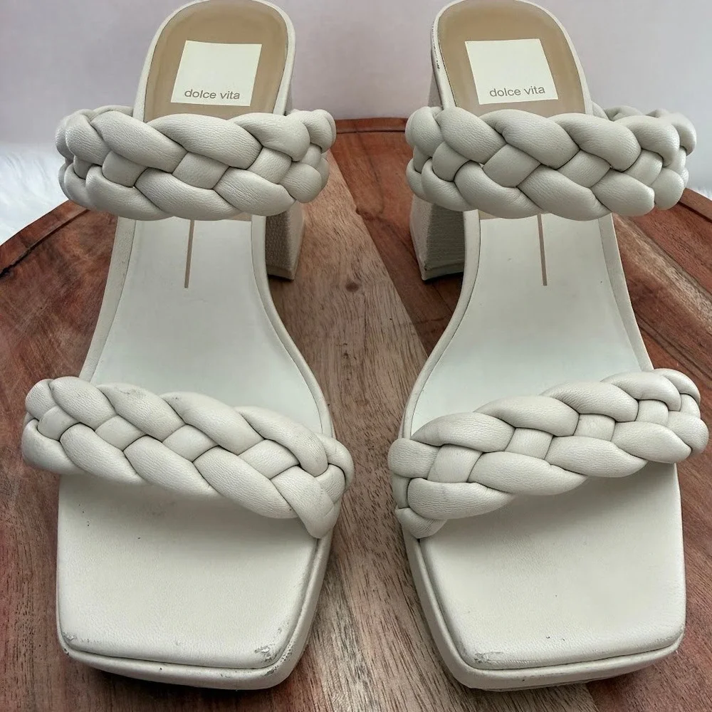 Dolce Vita Womens Cream Braided Platform Block Heel Sandals Square Toe Size 8 - Picture 2 of 12